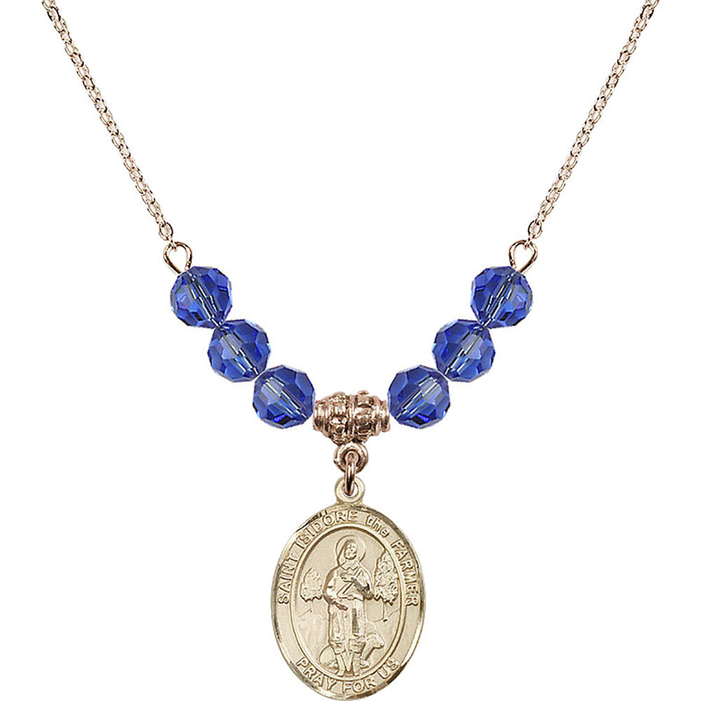 14kt Gold Filled Saint Isidore the Farmer Birthstone Necklace with Sapphire Beads - 8276