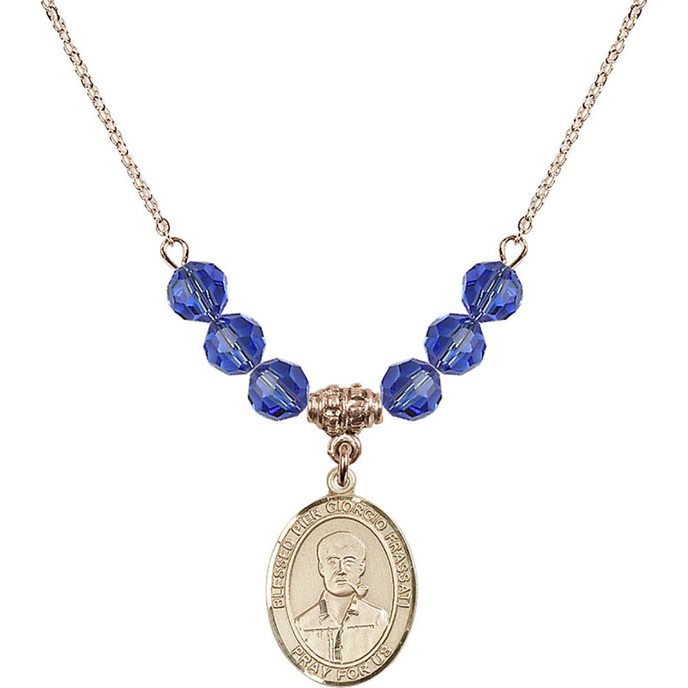 14kt Gold Filled Blessed Pier Giorgio Frassati Birthstone Necklace with Sapphire Beads - 8278