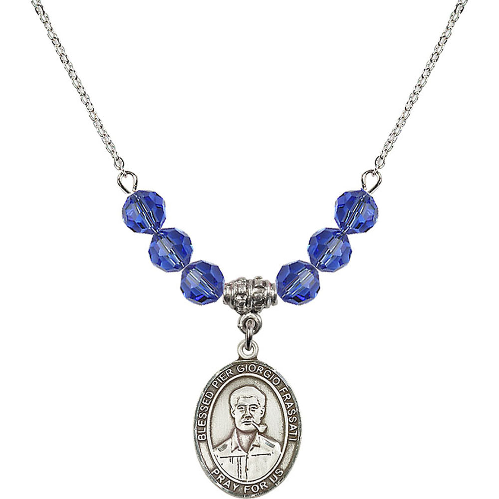 Sterling Silver Blessed Pier Giorgio Frassati Birthstone Necklace with Sapphire Beads - 8278