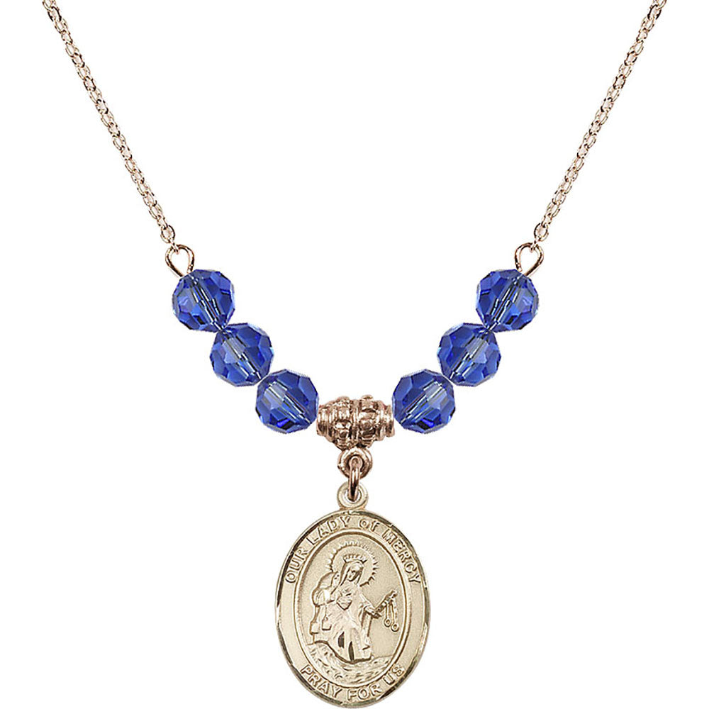 14kt Gold Filled Our Lady of Mercy Birthstone Necklace with Sapphire Beads - 8289