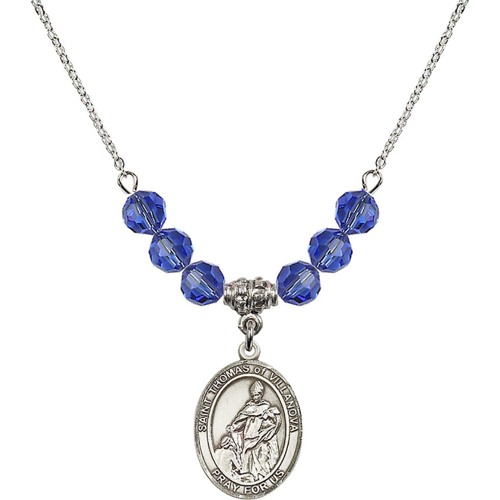 Sterling Silver Saint Thomas of Villanova Birthstone Necklace with Sapphire Beads - 8304
