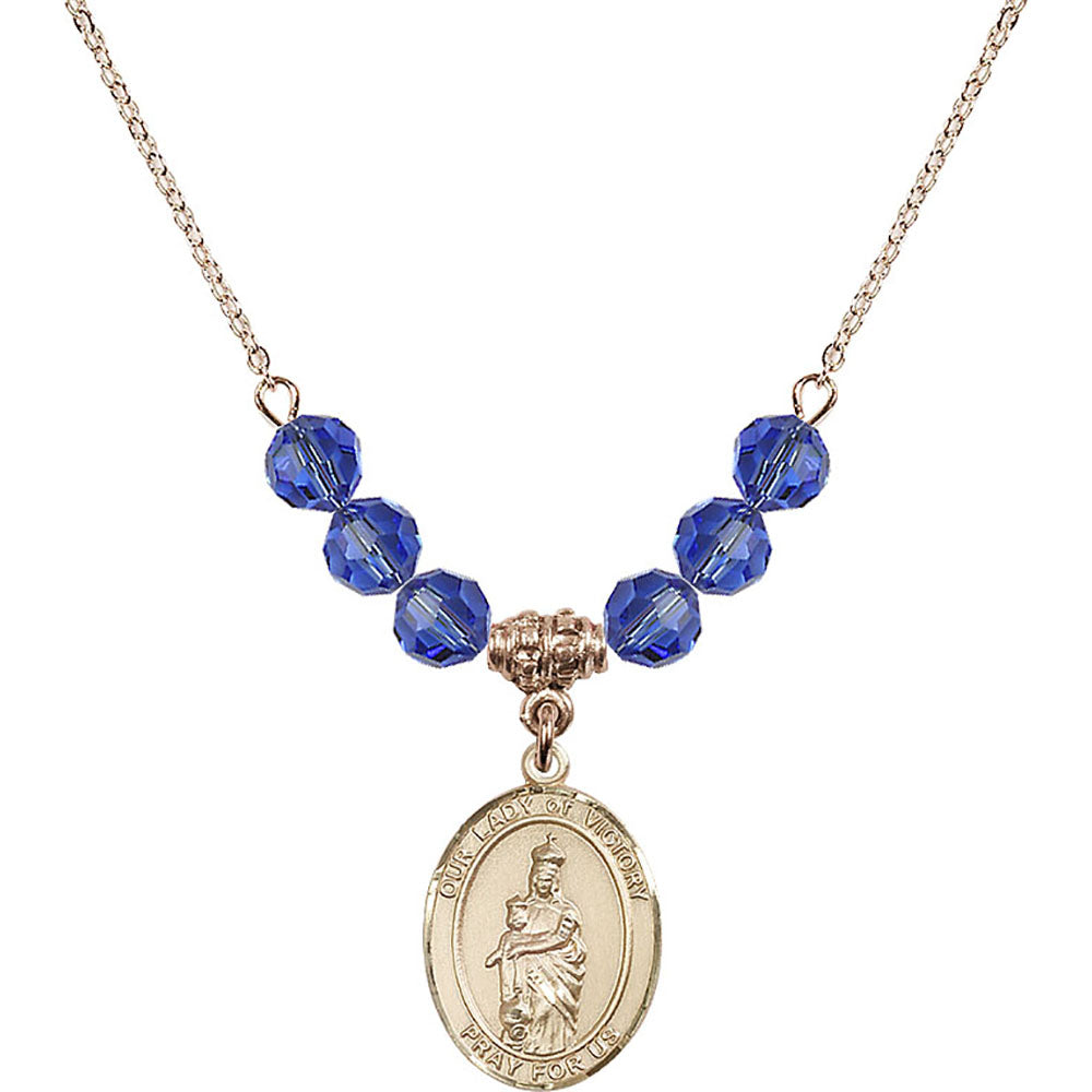 14kt Gold Filled Our Lady of Victory Birthstone Necklace with Sapphire Beads - 8306