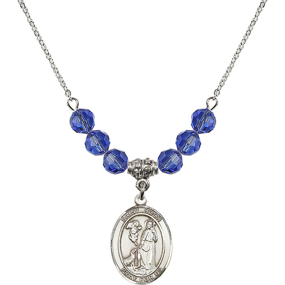 Sterling Silver Saint Roch Birthstone Necklace with Sapphire Beads - 8310