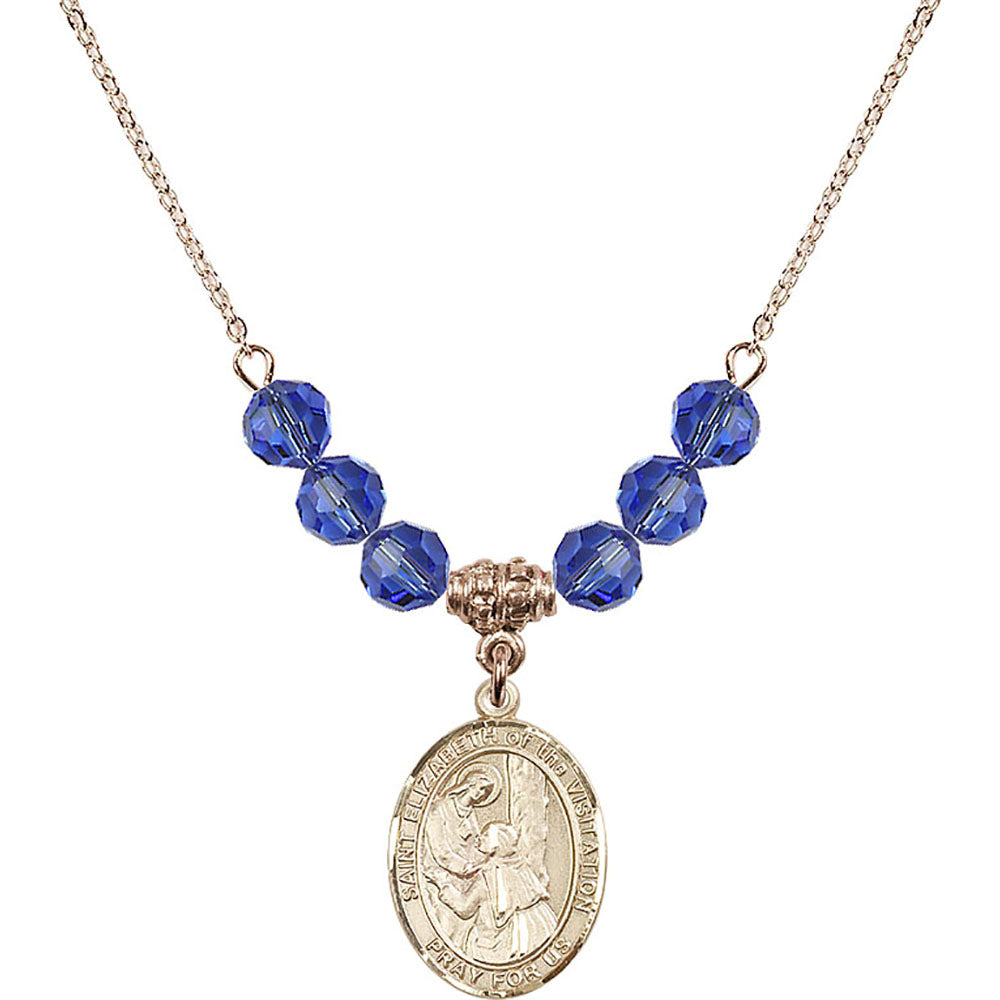14kt Gold Filled Saint Elizabeth of the Visitation Birthstone Necklace with Sapphire Beads - 8311