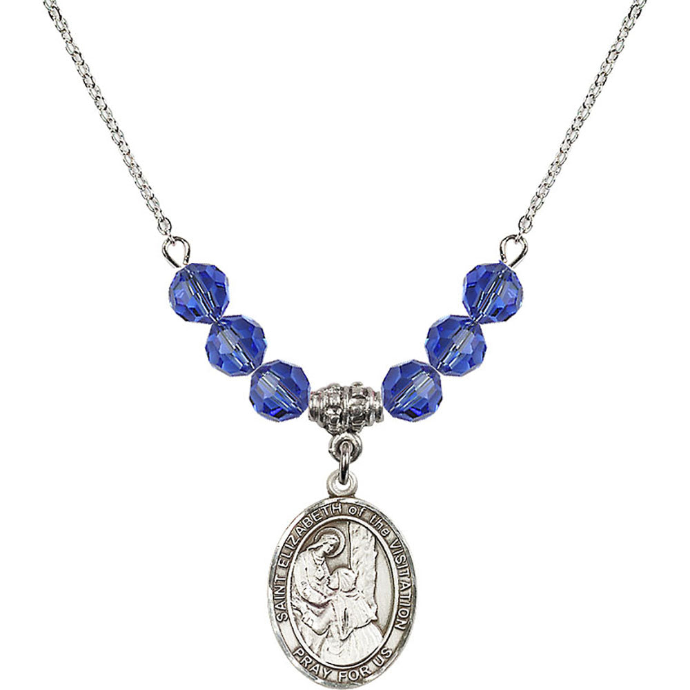 Sterling Silver Saint Elizabeth of the Visitation Birthstone Necklace with Sapphire Beads - 8311