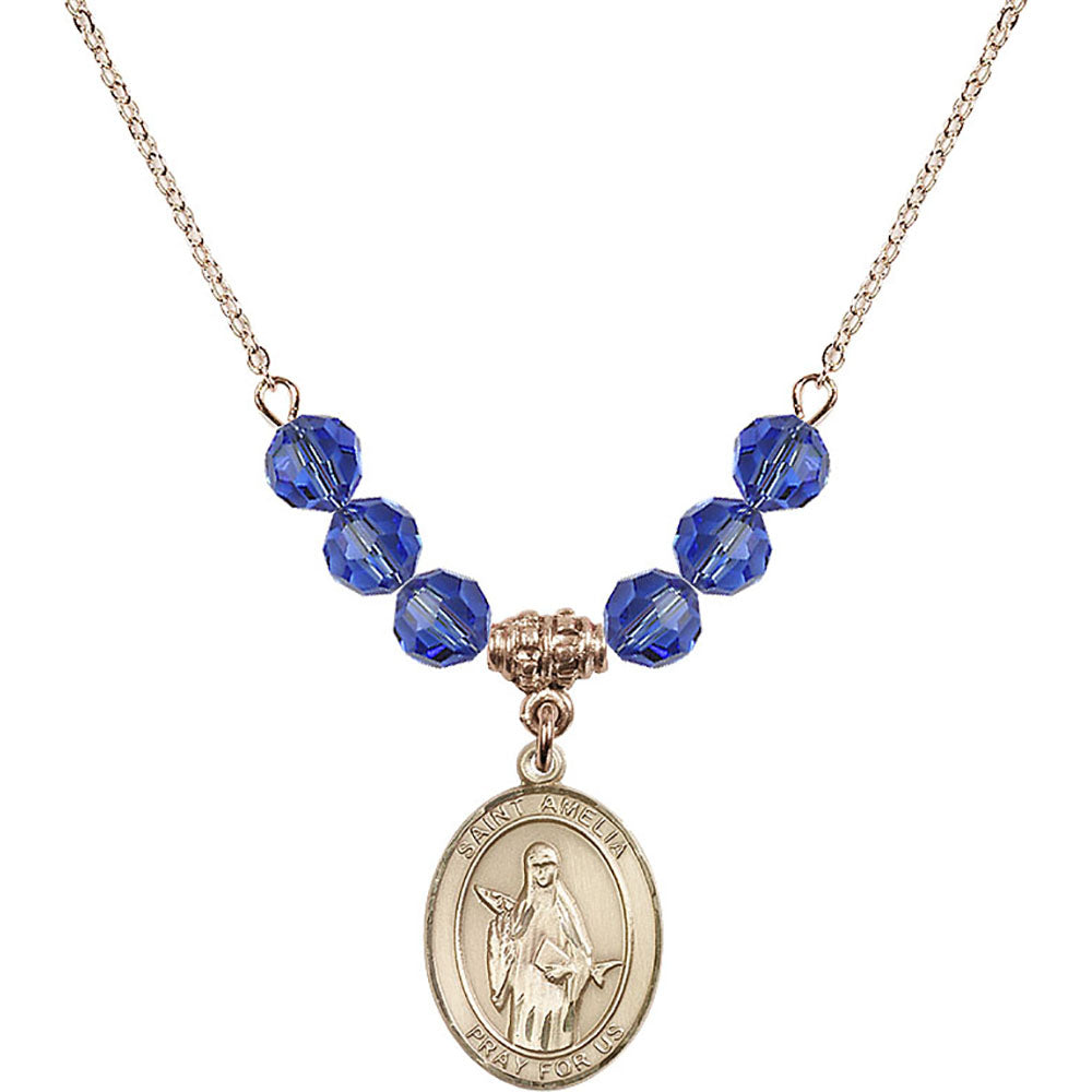 14kt Gold Filled Saint Amelia Birthstone Necklace with Sapphire Beads - 8313