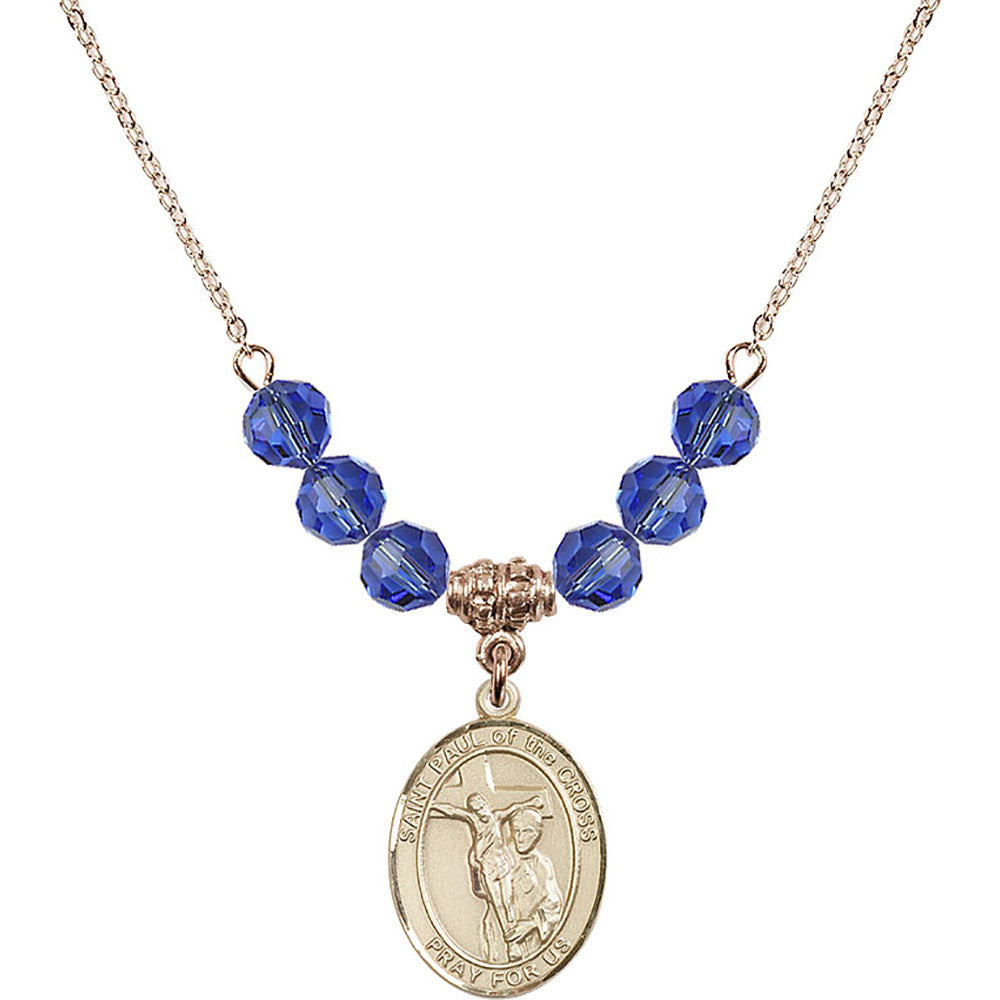 14kt Gold Filled Saint Paul of the Cross Birthstone Necklace with Sapphire Beads - 8318