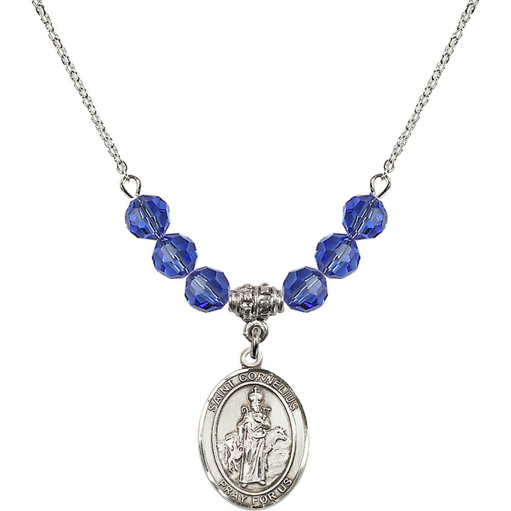 Sterling Silver Saint Cornelius Birthstone Necklace with Sapphire Beads - 8325