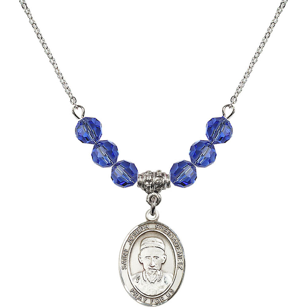 Sterling Silver Saint Joseph Freinademetz Birthstone Necklace with Sapphire Beads - 8329