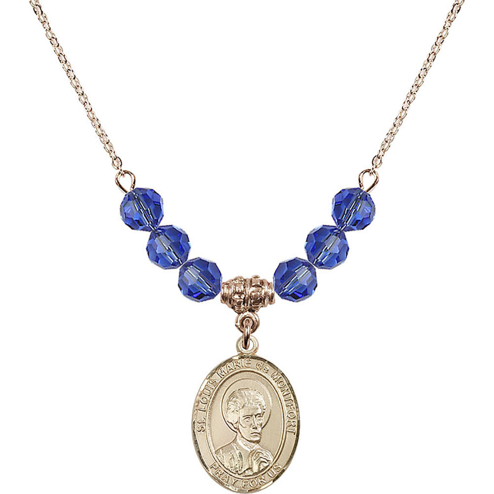 14kt Gold Filled Saint Louis Marie de Montfort Birthstone Necklace with Sapphire Beads - 8330