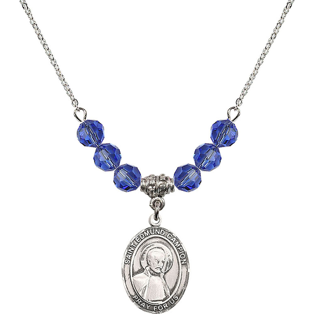 Sterling Silver Saint Edmund Campion Birthstone Necklace with Sapphire Beads - 8333