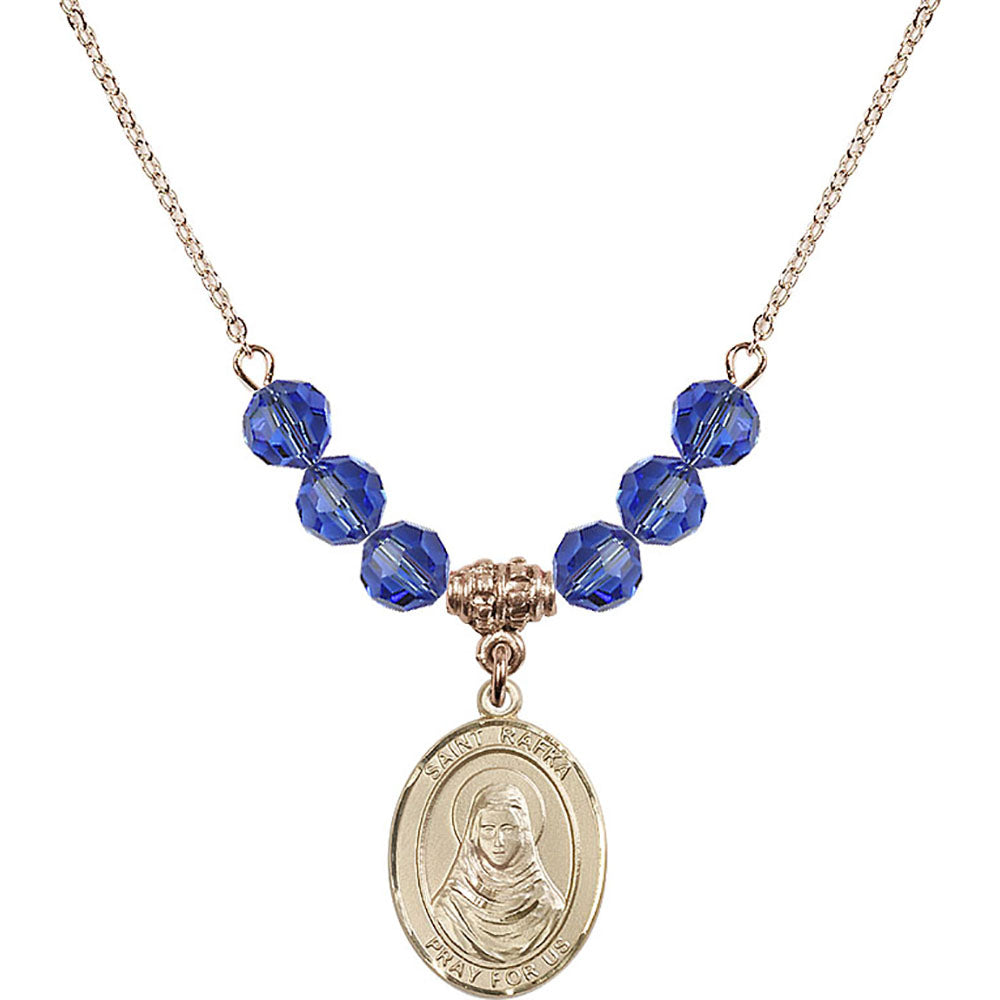 14kt Gold Filled Saint Rafka Birthstone Necklace with Sapphire Beads - 8338