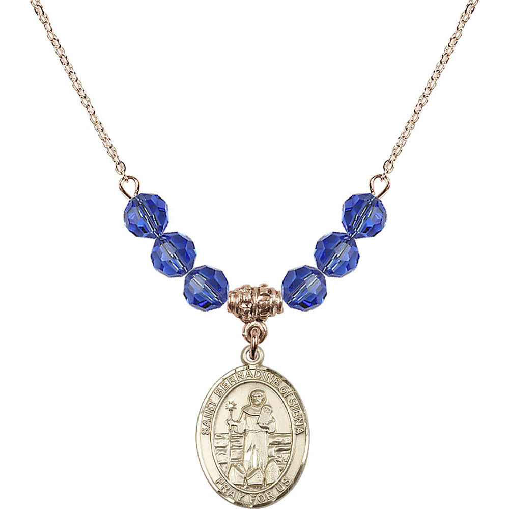 14kt Gold Filled Saint Bernadine of Sienna Birthstone Necklace with Sapphire Beads - 8387