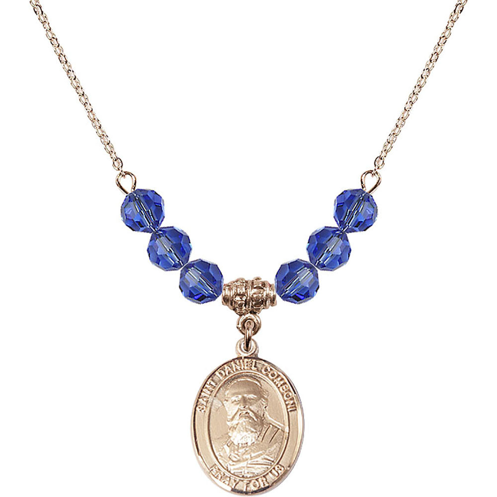 14kt Gold Filled Saint Daniel Comboni Birthstone Necklace with Sapphire Beads - 8400