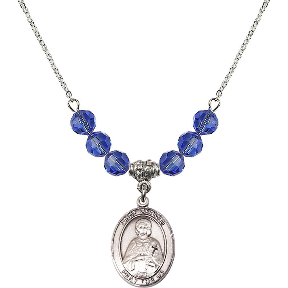 Sterling Silver Saint Gerald Birthstone Necklace with Sapphire Beads - 8404