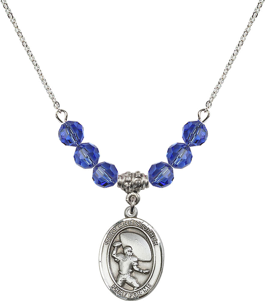 Sterling Silver Saint Christopher / Football Birthstone Necklace with Sapphire Beads - 8501