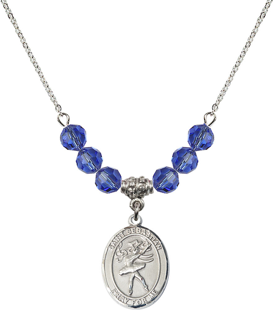 Sterling Silver Saint Sebastian / Dance Birthstone Necklace with Sapphire Beads - 8612