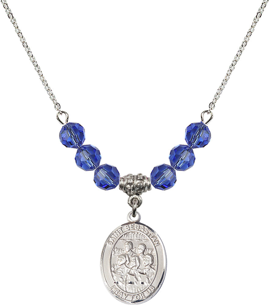Sterling Silver Saint Sebastian / Choir Birthstone Necklace with Sapphire Beads - 8614