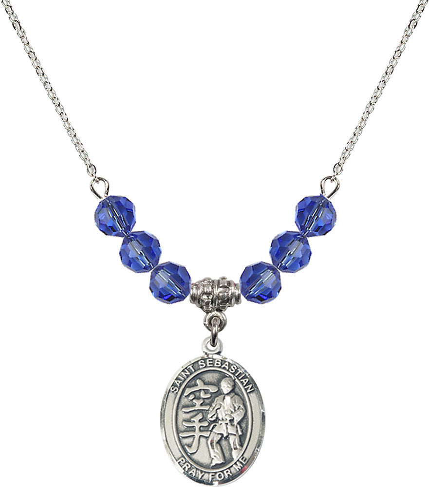 Sterling Silver Saint Sebastian/Karate Birthstone Necklace with Sapphire Beads - 8615