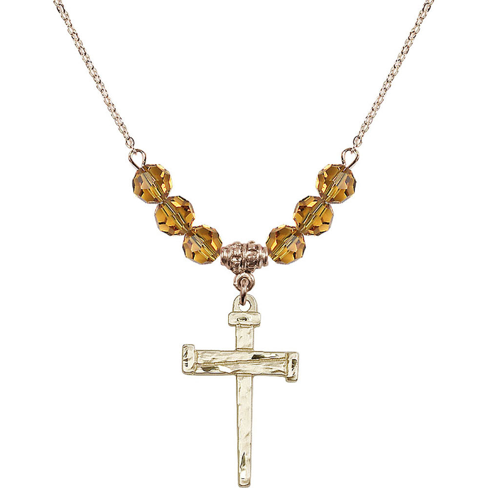 14kt Gold Filled Nail Cross Birthstone Necklace with Topaz Beads - 0013