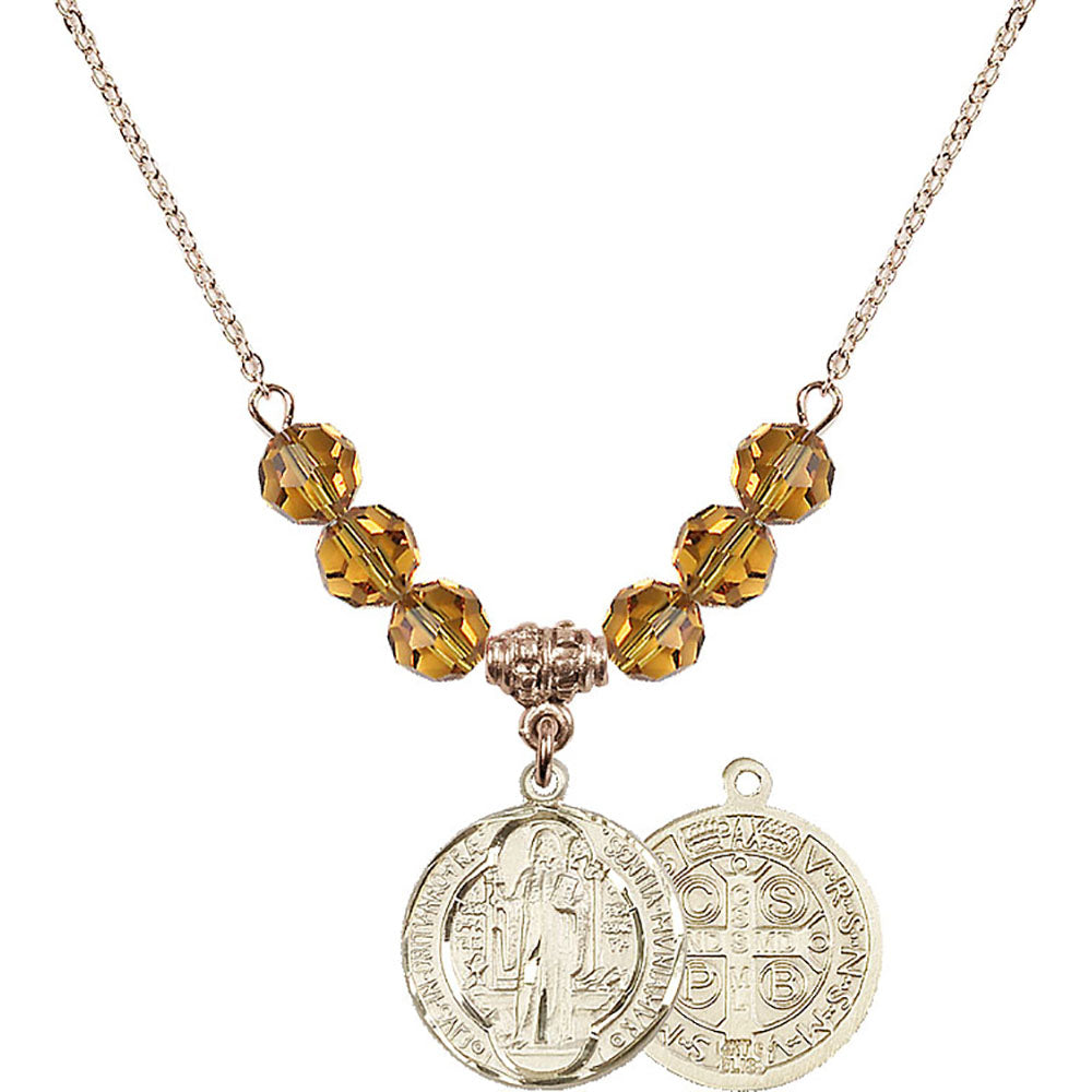 14kt Gold Filled Saint Benedict Birthstone Necklace with Topaz Beads - 0026