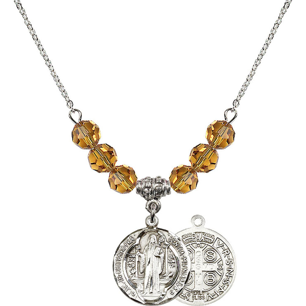 Sterling Silver Saint Benedict Birthstone Necklace with Topaz Beads - 0026