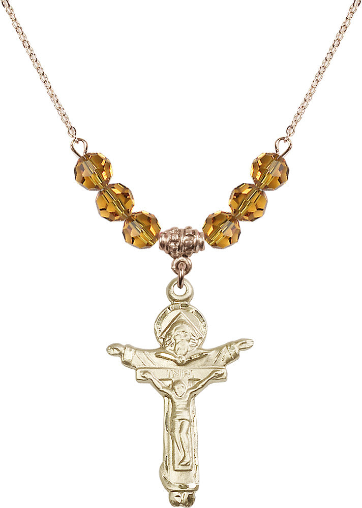 14kt Gold Filled Trinity Crucifix Birthstone Necklace with Topaz Beads - 0065