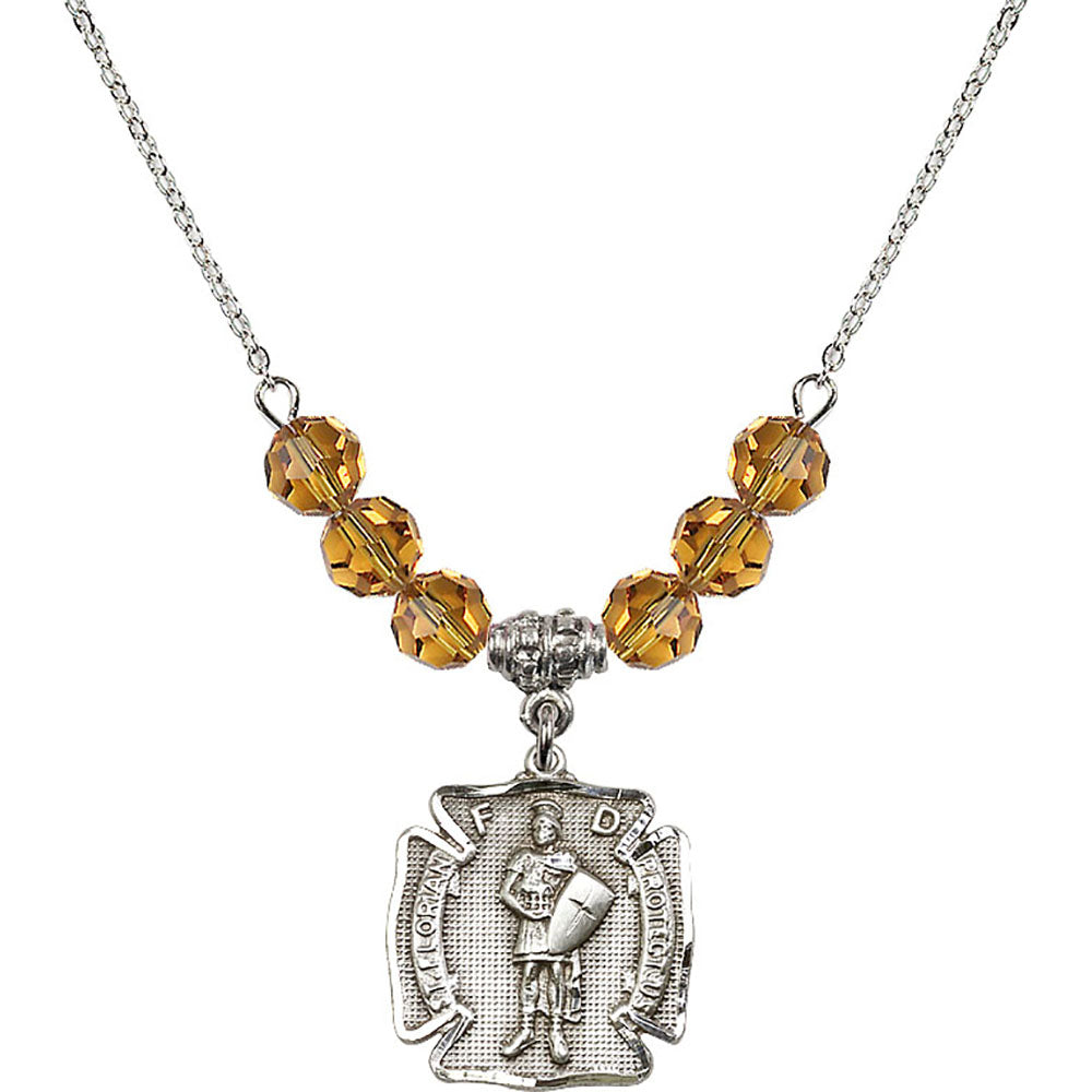 Sterling Silver Saint Florian Birthstone Necklace with Topaz Beads - 0070