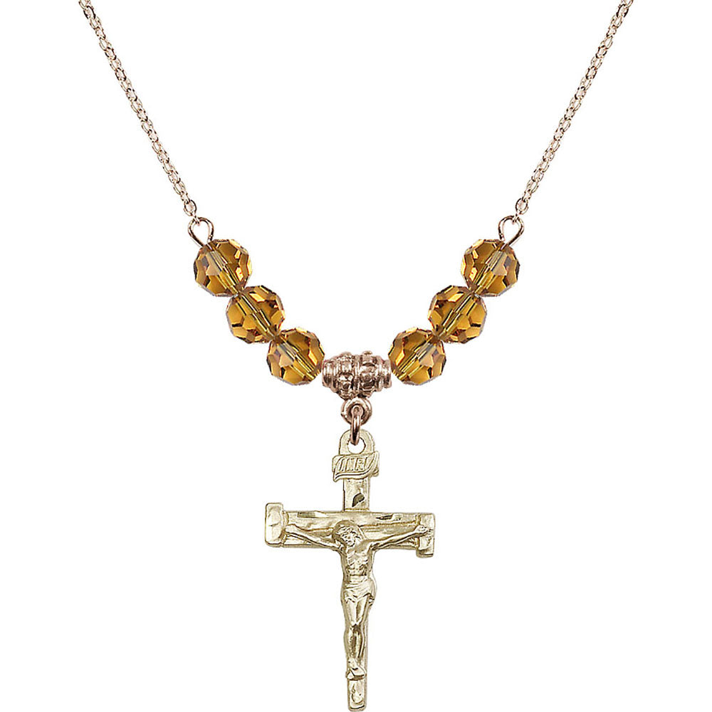 14kt Gold Filled Nail Crucifix Birthstone Necklace with Topaz Beads - 0073