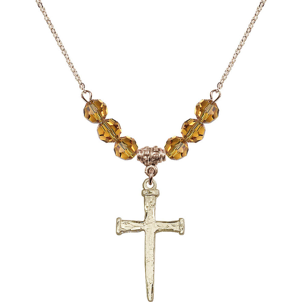 14kt Gold Filled Nail Cross Birthstone Necklace with Topaz Beads - 0085