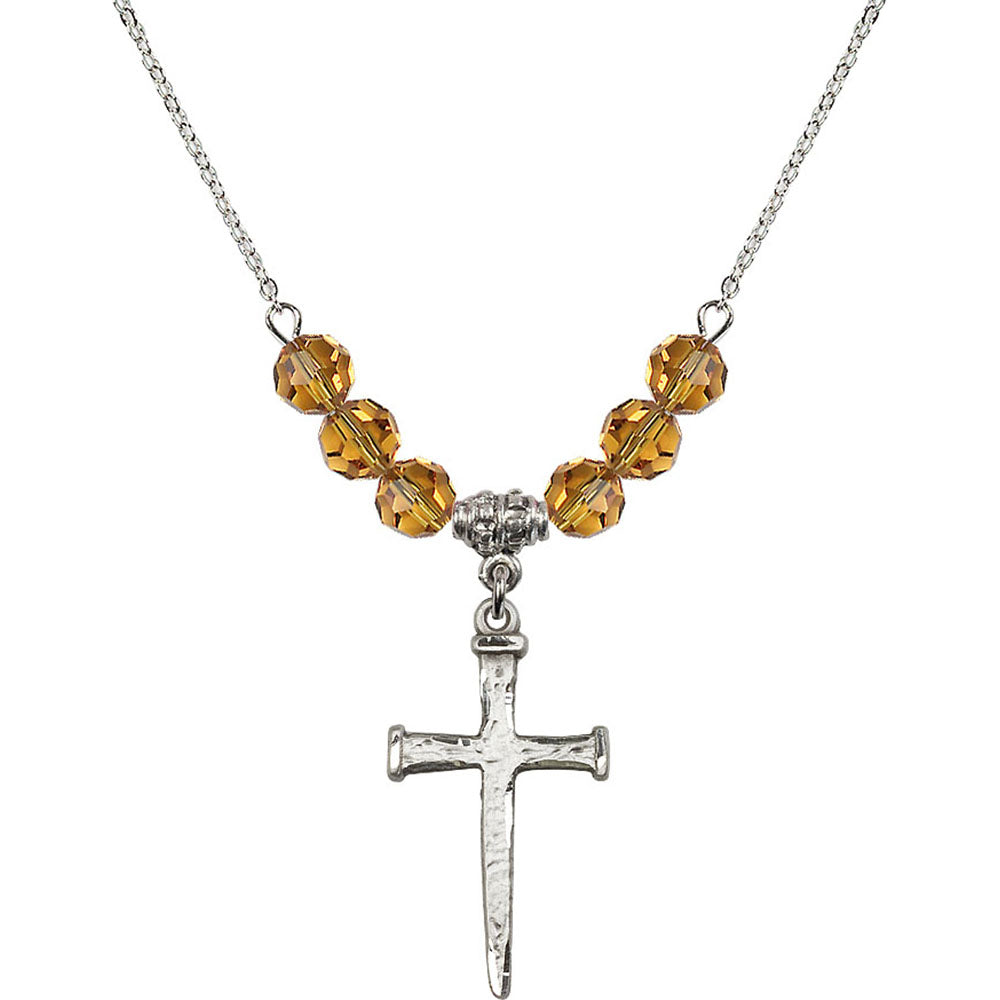 Sterling Silver Nail Cross Birthstone Necklace with Topaz Beads - 0085