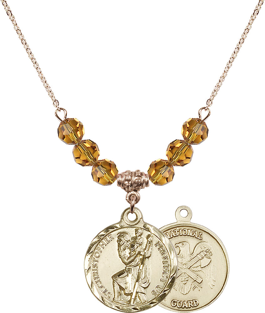 14kt Gold Filled Saint Christopher / Nat'l Guard Birthstone Necklace with Topaz Beads - 0192