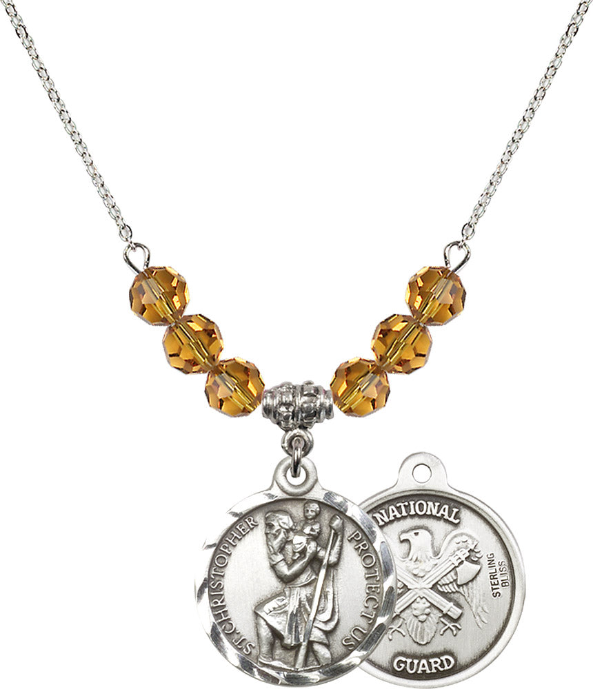 Sterling Silver Saint Christopher / Nat'l Guard Birthstone Necklace with Topaz Beads - 0192