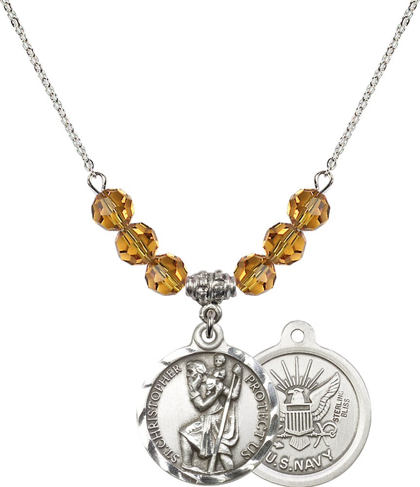 Sterling Silver Saint Christopher / Navy Birthstone Necklace with Topaz Beads - 0192