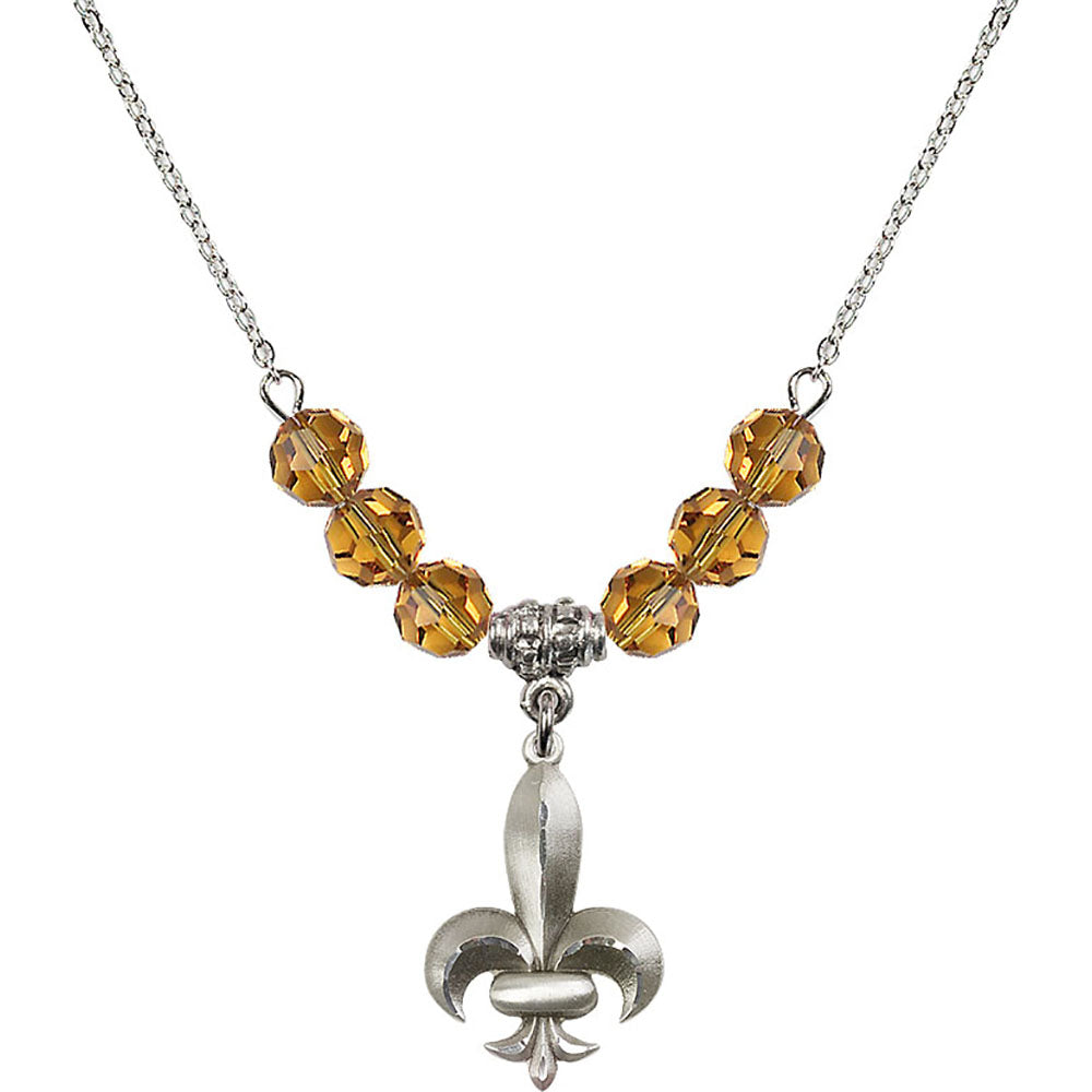 Sterling Silver Fleur de Lis Birthstone Necklace with Topaz Beads - 0294