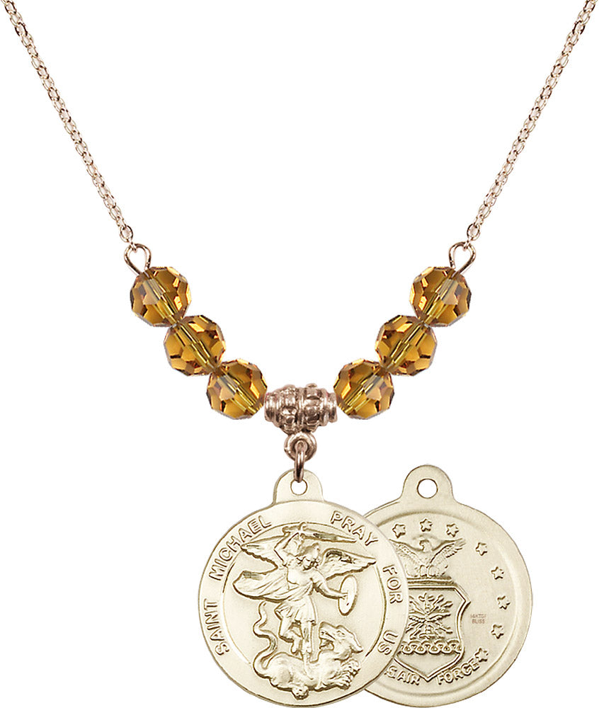 14kt Gold Filled Saint Michael / Air Force Birthstone Necklace with Topaz Beads - 0342