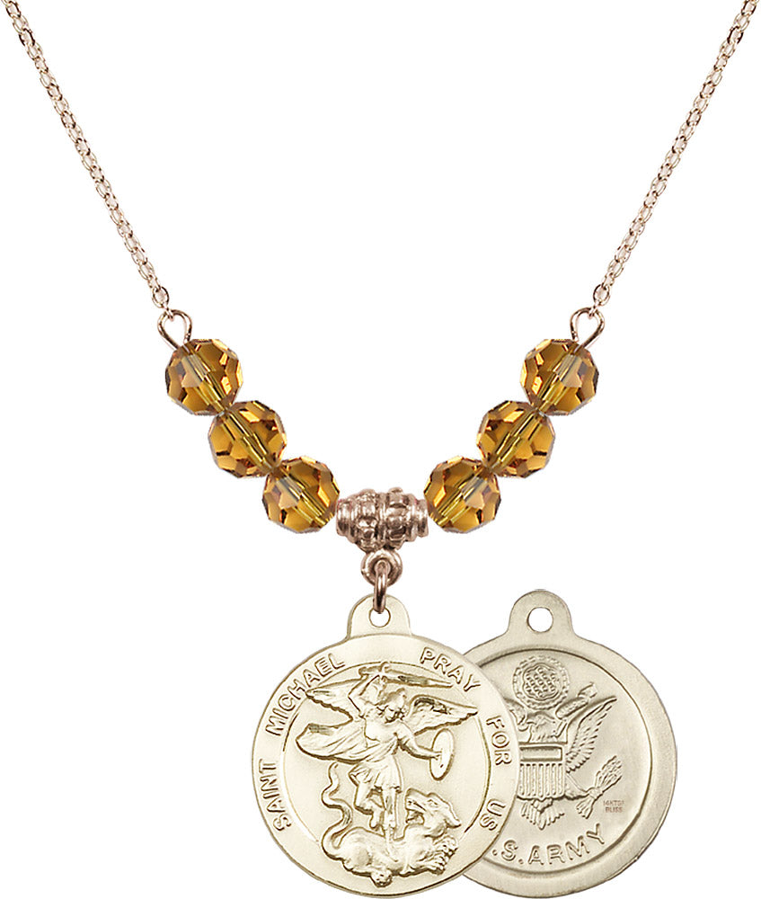 14kt Gold Filled Saint Michael / Army Birthstone Necklace with Topaz Beads - 0342