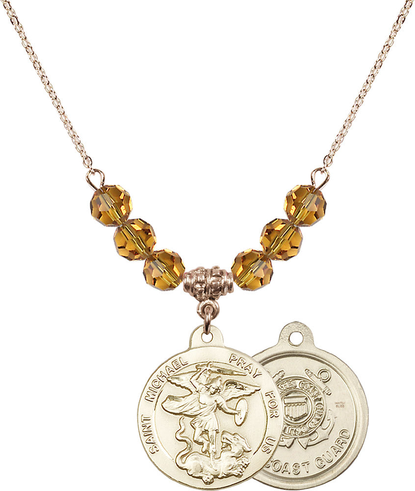 14kt Gold Filled Saint Michael / Coast Guard Birthstone Necklace with Topaz Beads - 0342