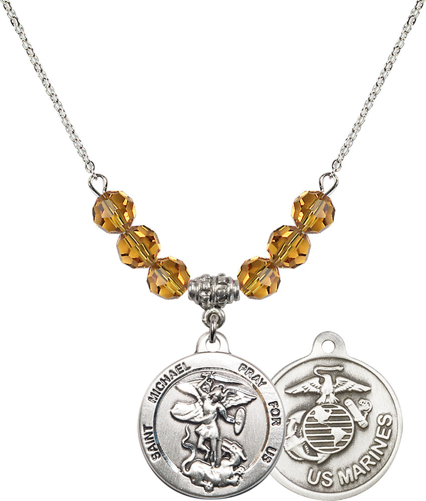 Sterling Silver Saint Michael / Marines Birthstone Necklace with Topaz Beads - 0342