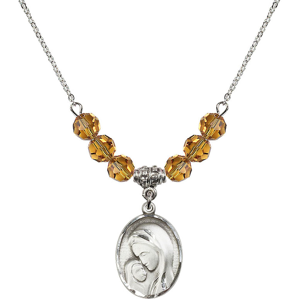 Sterling Silver Madonna & Child Birthstone Necklace with Topaz Beads - 0447