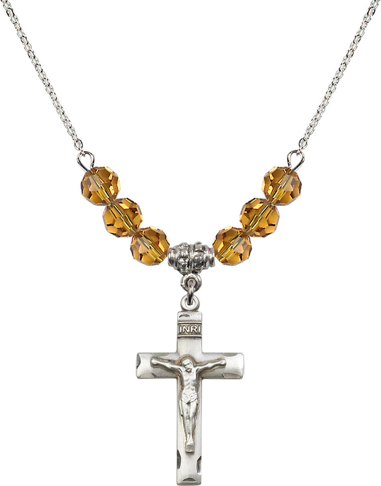 Sterling Silver Crucifix Birthstone Necklace with Topaz Beads - 0624