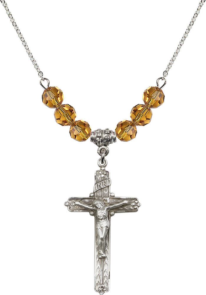 Sterling Silver Crucifix Birthstone Necklace with Topaz Beads - 0655