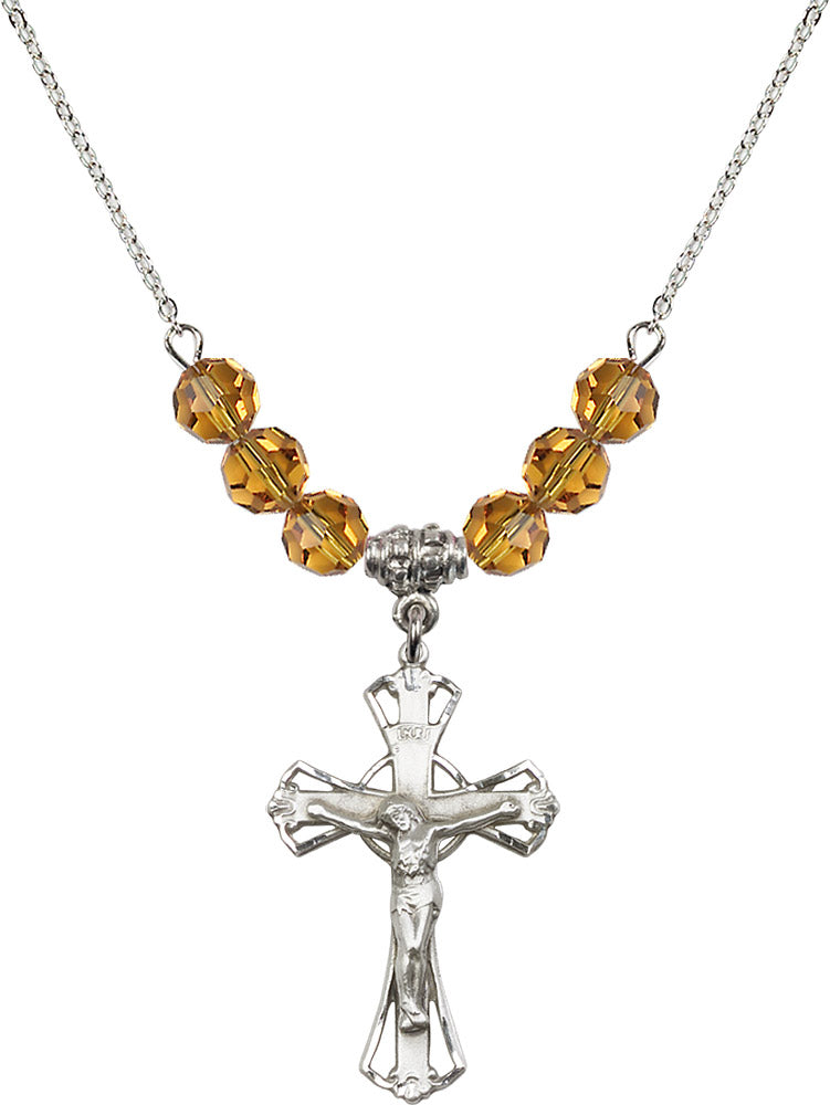 Sterling Silver Crucifix Birthstone Necklace with Topaz Beads - 0659