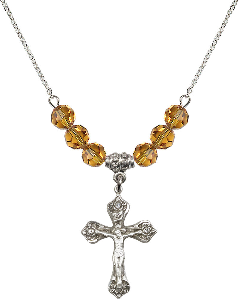 Sterling Silver Crucifix Birthstone Necklace with Topaz Beads - 0662