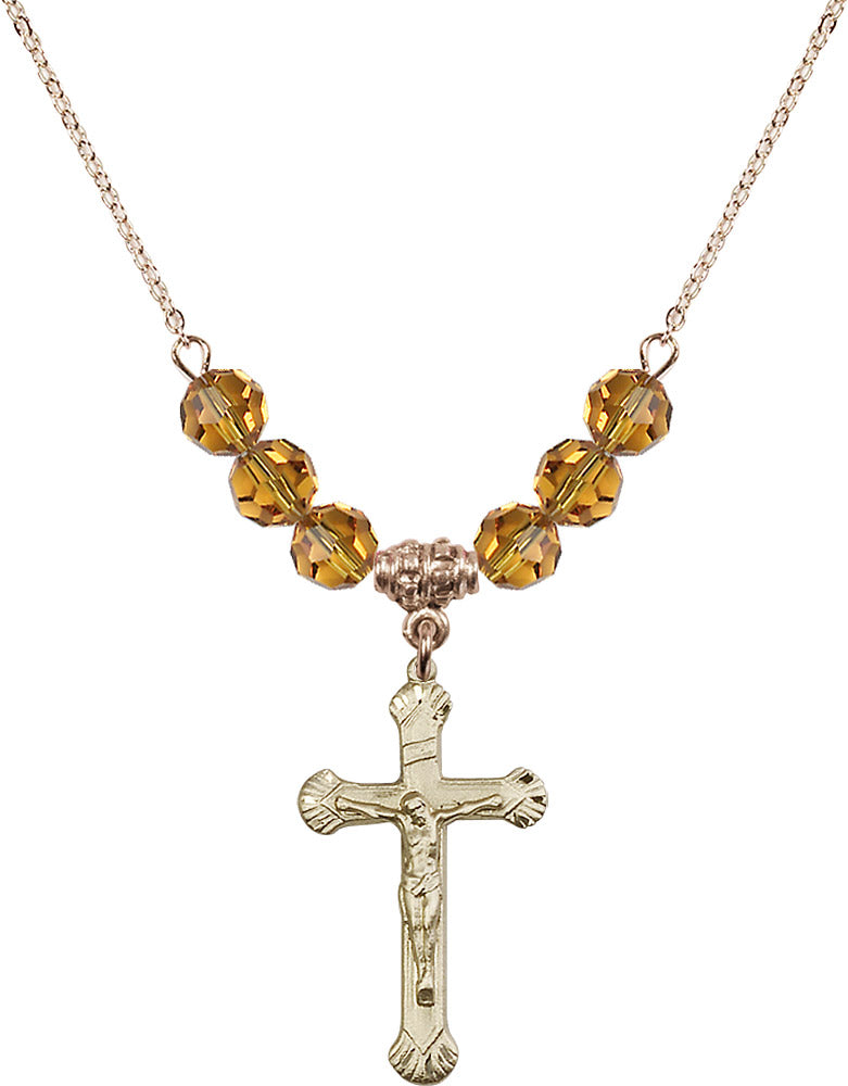 14kt Gold Filled Crucifix Birthstone Necklace with Topaz Beads - 0664