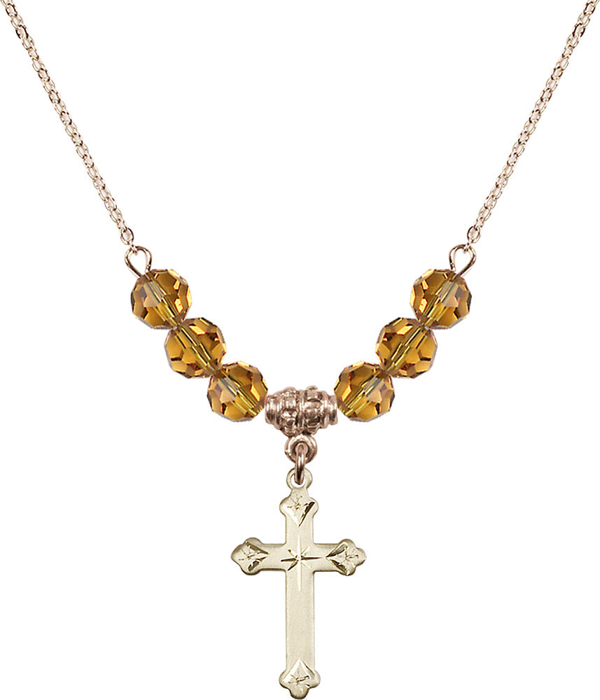 14kt Gold Filled Cross Birthstone Necklace with Topaz Beads - 0667