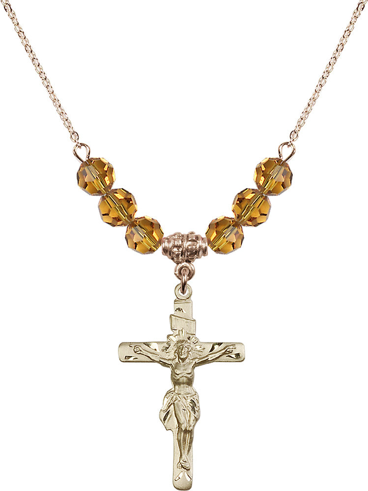 14kt Gold Filled Crucifix Birthstone Necklace with Topaz Beads - 0668