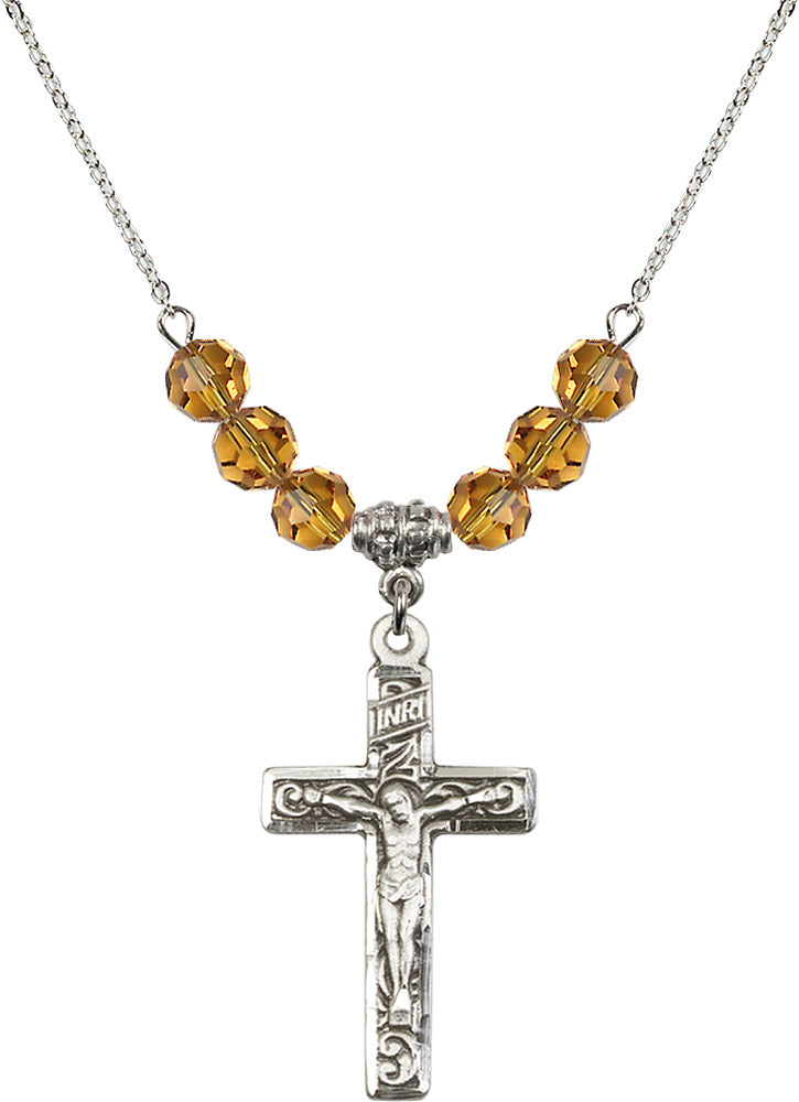 Sterling Silver Crucifix Birthstone Necklace with Topaz Beads - 0674