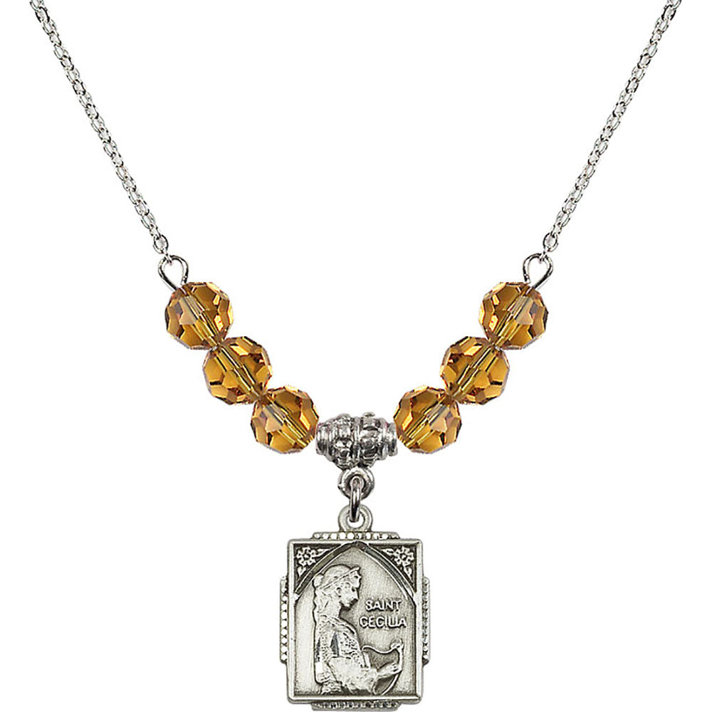 Sterling Silver Saint Cecilia Birthstone Necklace with Topaz Beads - 0804