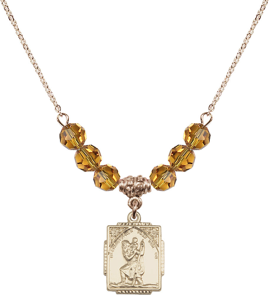 14kt Gold Filled Saint Christopher Birthstone Necklace with Topaz Beads - 0804